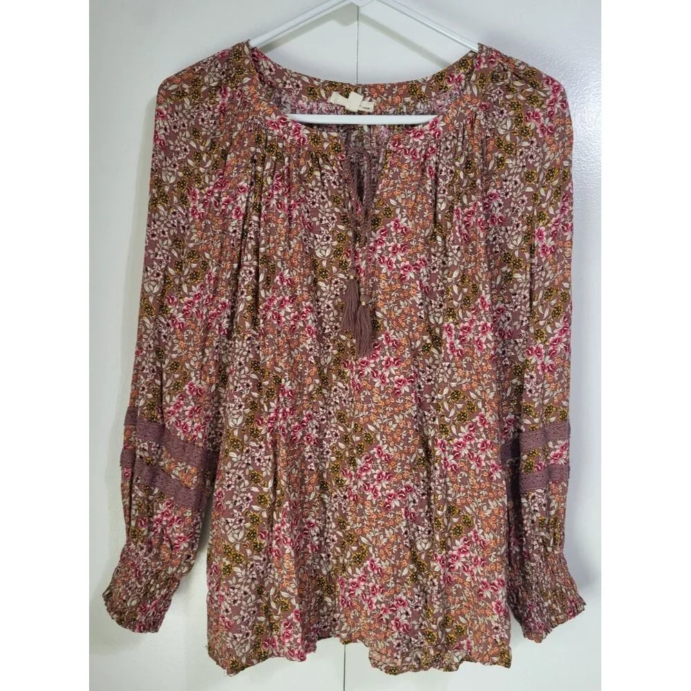 Jane + Delancey Women's M Floral Boho Lace Trim Blouse Peasant Tassel Festival - Picture 1 of 9